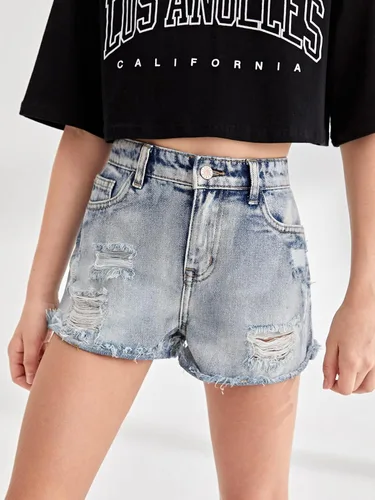 Vista 3 de Floerns Pantalones cortos de mezclilla rasgados con dobladillo sin procesar para niñas