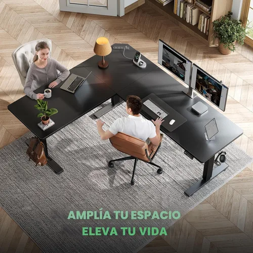 Vista 2 de SIAGO Escritorio de pie en forma de L, escritorio de pie ajustable de esquina de 63 x 55 pulgadas con estación de carga, mesa de pie en forma de L