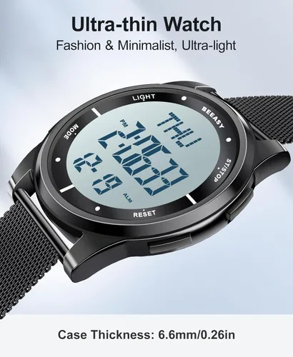 Vista 26 de Beeasy - Reloj digital de pulsera resistente al agua con cronómetro, alarma, cuenta regresiva, doble zona horaria, ultrafino, pantalla angular muy