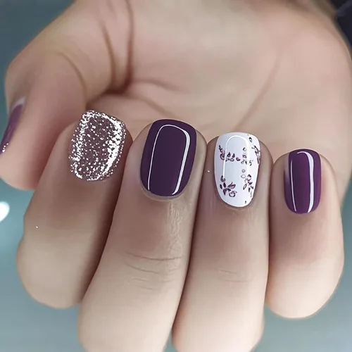 Vista 18 de Uñas postizas cuadradas cortas a presión, uñas postizas de color rosa, de cobertura completa, uñas postizas con purpurina plateada con diseños