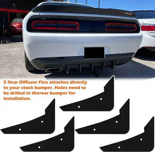Vista 5 de Juego de 5 aletas para Dodge Challenger 2015-2024, parachoques trasero negro, aleta de tiburón