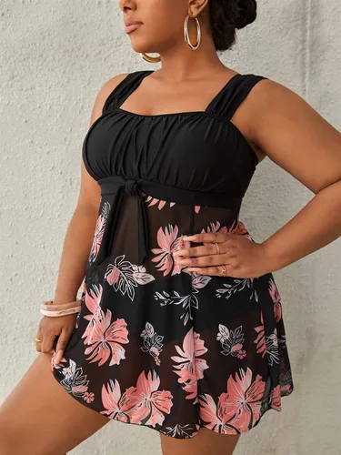 Vista 4 de MakeMeChic Traje de baño tankini de dos piezas con estampado de plantas para mujer