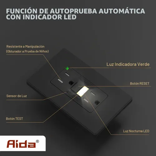 Vista 3 de AIDA - Salida GFCI de 15 amperios, enchufe eléctrico con luz nocturna de autoprueba, receptáculo resistente a manipulaciones con indicador LED