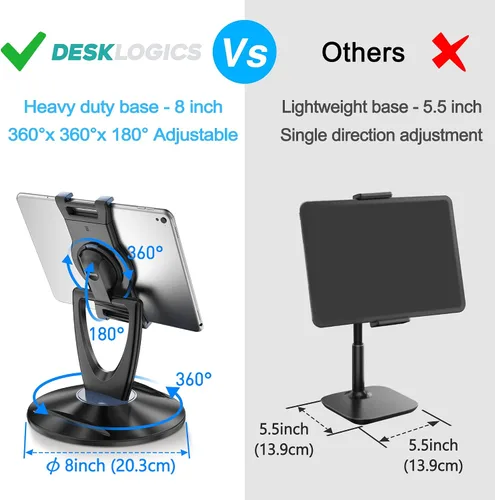 Vista 3 de Soporte para tablet iPad para escritorio, de 6 a 13 pulgadas, estable, ajustable, ángulo giratorio de 360°, soporte para iPad, para tienda, quiosco
