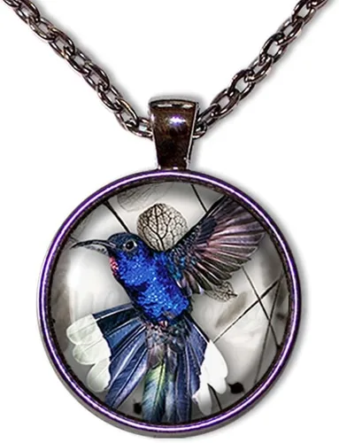 Vista 6 de Blue Hummingbird Nature Lovers Handmade ROUND Glass Pendant Necklace Jewelry