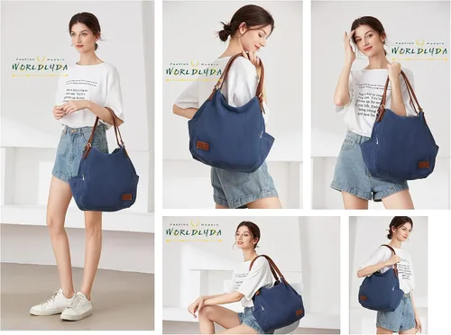 Vista 2 de Worldlyda Women Canvas Hobo Purse Multi Pocket Tote Shopper Shoulder Bag Casual Top Handle handbag with Embroidery Ethnic