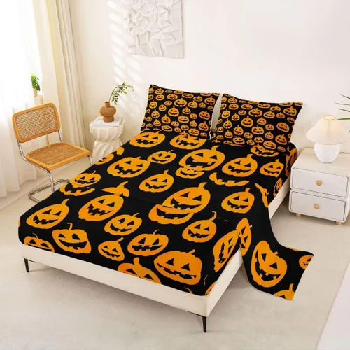 Vista 21 de Feelyou Cat Bed Sheets Set Twin Size Halloween Themed Bed Set Trick or Treat Deep Pocket Fitted Sheet Scaredy Cat Breathable Soft Lightweight