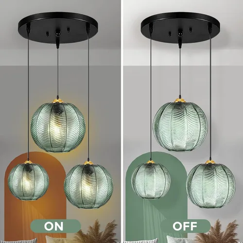 Vista 9 de Lámpara colgante verde, 3 en 1, accesorios de lámpara colgante de vidrio grande E26 E27 de mediados de siglo, lámpara de araña moderna acanalada