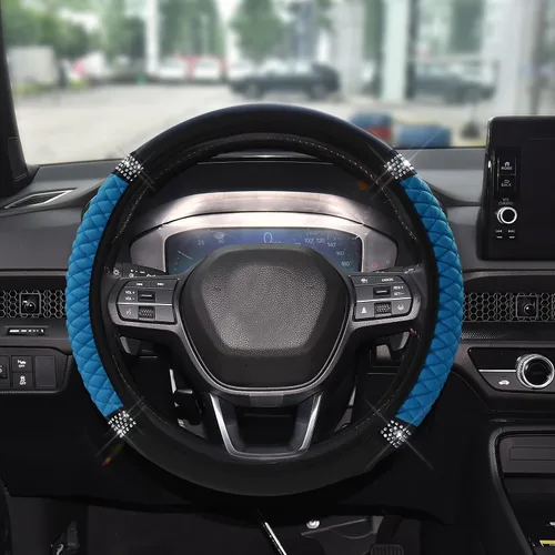 Vista 15 de Funda de Volante de Cuero Suave con Brillos, 15 Pulgadas, con Diamantes de Imitación Coloridos, Protector de Volante Elástico Automático