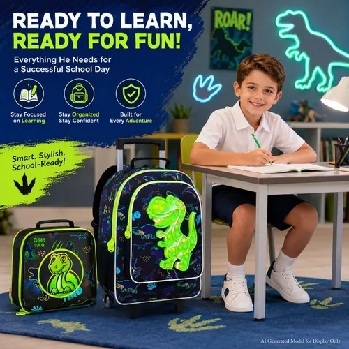 Vista 9 de WZLVO 4 mochilas con ruedas de dinosaurio para niños, juego escolar con ruedas geniales con lonchera, mochila escolar resistente al agua con ruedas