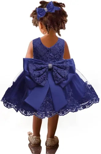 Vista 4 de Vestido tutú para niñas de 0 a 6 años, con lazo grande, para boda, Navidad, encaje, con diadema, Blanco