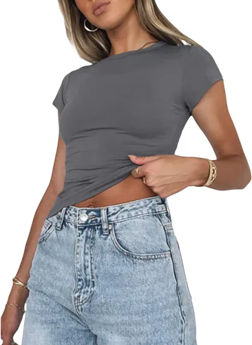 Vista 4 de Camiseta sexy de manga corta para mujer, camiseta ajustada y ajustada básica con cuello redondo