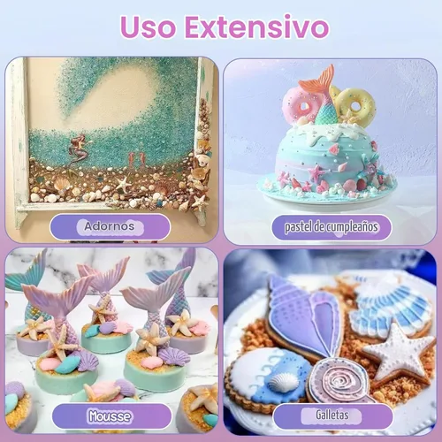 Vista 7 de Elfkitwang Molde de silicona para fondant de temática marina, concha, cola de sirena, caballito de mar, estrella de mar, coral, herramientas