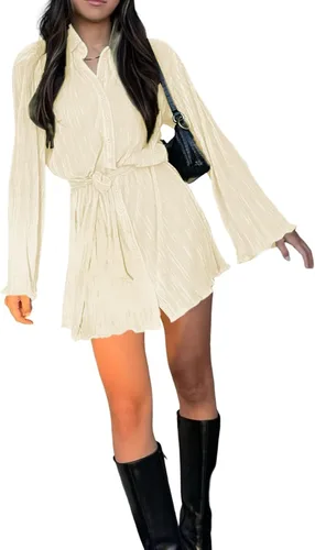 Vista 6 de LYANER Vestido camisero mini plisado de manga larga con cuello en V abotonado para mujer con cinturón