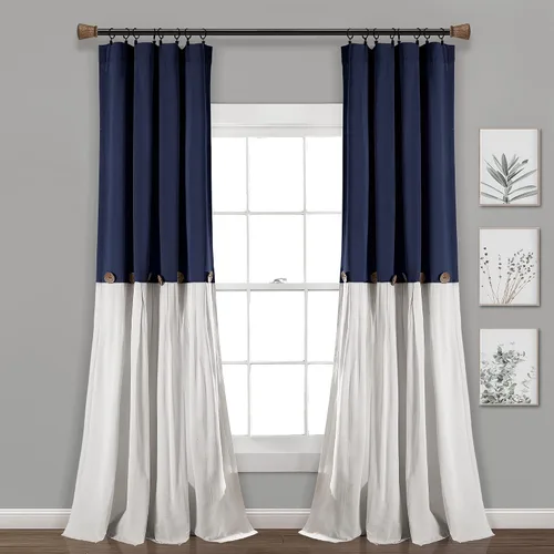 Vista 21 de Lush Decor - Cortinas de lino con botones de estilo granja, panel individual, diseño plisado de dos tonos de 40 pulgadas de ancho x 108 pulgadas
