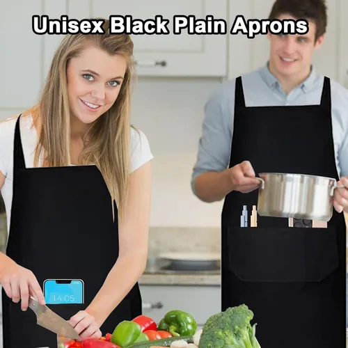 Vista 5 de smilixin Paquete de 12 delantales con peto, delantales negros con 2 bolsillos, delantales lisos unisex negros con lazos largos, delantales de cocina