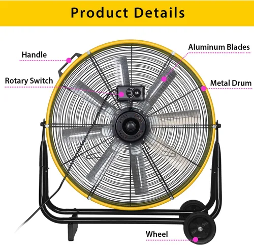 Vista 6 de VENTISOL Ventilador de tambor industrial de alta velocidad de 24 pulgadas, ventiladores de metal resistente, 8 cuchillas, 3 velocidades, 8600 CFM