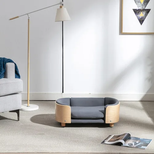Vista 2 de Cama elevada para perros de estilo escandinavo con marco de madera maciza, sofá ortopédico para mascotas con funda extraíble lavable, muebles