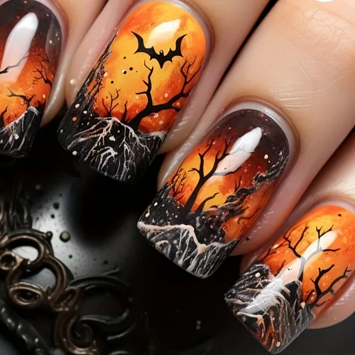 Vista 13 de Uñas postizas de Halloween a presión medianas con diseño de ataúd oscuro gótico embrujado, castillo muerto, diseño de árbol muerto, uñas postizas
