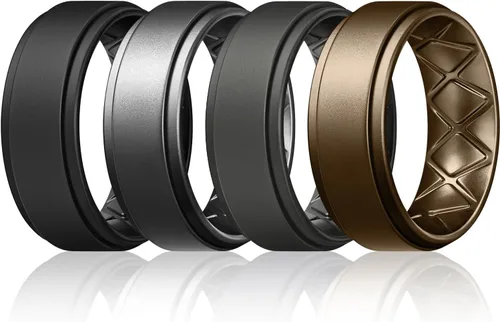 Vista 9 de Egnaro - Anillos de boda de silicona con borde escalonado para hombres con diseño de arco en el interior, 7, 4 y 1 anillo, cómodos para entrenar