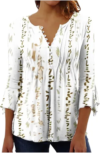 Vista 14 de Ceboyel Blusa tipo túnica con estampado floral para mujer, con botones, estilo Henley, con manga de codo, casual, trajes de moda para mujer