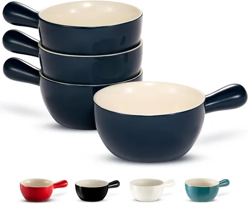 Vista 8 de Kook Cuencos de sopa de cebolla francesa, cuencos de cerámica apilables con asas, aptos para horno, microondas y lavavajillas, para cereales, sopas