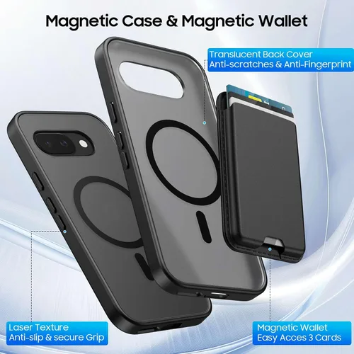 Vista 3 de Funda magnética para Google Pixel 9A con soporte para tarjetas, funda magnética desmontable, [compatible con MagSafe] a prueba de golpes con ranura