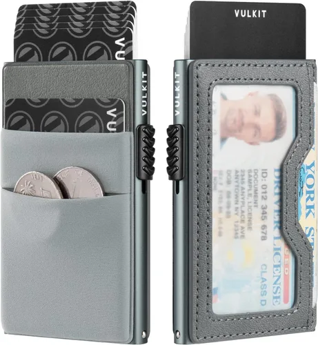 Vista 13 de VULKIT Billetera minimalista con ventana de identificación y bolsillo EDC con bolsillo desplegable para tarjetas de crédito y bloqueo RFID, diseño