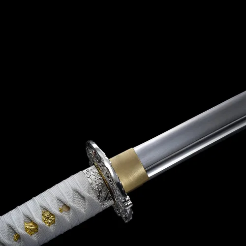 Vista 6 de Espada katana blanca de 40 pulgadas, espadas japonesas afiladas, espada de espiga completa para exhibición, hoja de acero al carbono