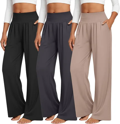 Vista 44 de Neer - Conjunto de 3 pantalones de yoga de pierna ancha para mujer - Pantalones deportivos cómodos, holgados, de cintura alta y casuales
