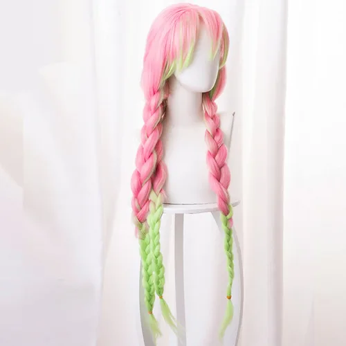 Vista 3 de maysuwell Kanroji Mitsuri - Peluca de anime Demon Slayer para mujer, pelucas de cosplay rosa y verde trenzado para Halloween, carnaval, fiesta