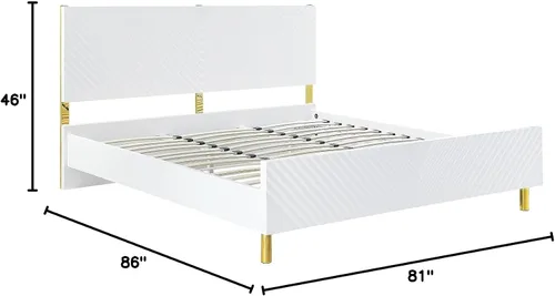Vista 2 de Gaines - Cama King Eastern con marco de madera y patas doradas, no requiere somier, acabado blanco de alto brillo