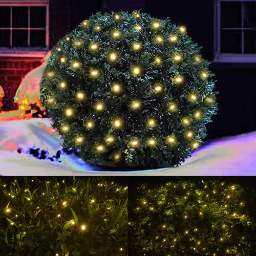 Vista 14 de HISHINY Red de luces de Navidad para exteriores, cable verde de 100 luces LED de 5 x 5 pies, cadena de luces de malla conectable para Navidad