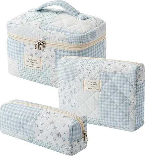 Vista 40 de uekeboag - Bolsa de maquillaje grande de viaje acolchada para mujer, neceser de algodón con estampado floral, neceser con estampado floral