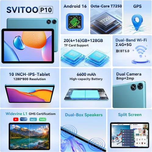 Vista 3 de SVITOO Android Tablet 10 Inch, 20GB RAM 128GB ROM Expandable WiFi 6 Blue Android 16 Tablet, 10 Inch Tablet Octa-Core, HD IPS Display, 1TB