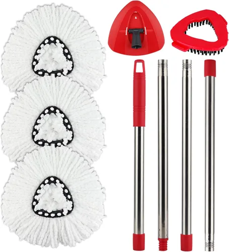 Vista 10 de Cabezal de repuesto para trapeador giratorio con 1 base giratoria y 1 mango. Recambios de fregona EasyWring compatibles con SpinMop triangular