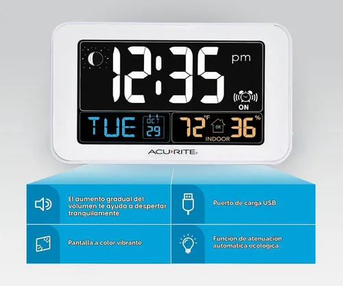 Vista 3 de AcuRite 13040 intelli-time reloj despertador con cargador USB, temperatura interior y humedad.