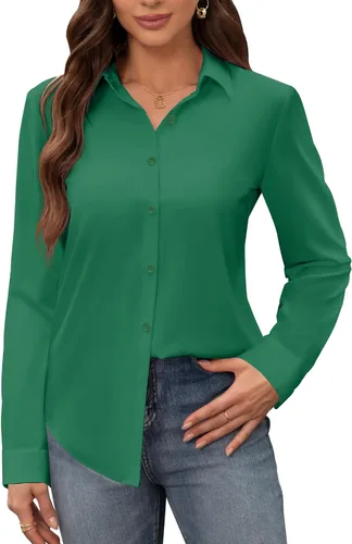 Vista 30 de Siliteelon - Camisas de vestir para mujer, a prueba de manchas, sin arrugas, de manga larga, sólidas, para trabajo y negocios, con botones