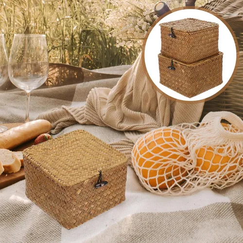 Vista 4 de Yardwe Cesta de almacenamiento tejida rectangular de la cubierta de la caja del tejido del pañuelo-ahorro de espacio