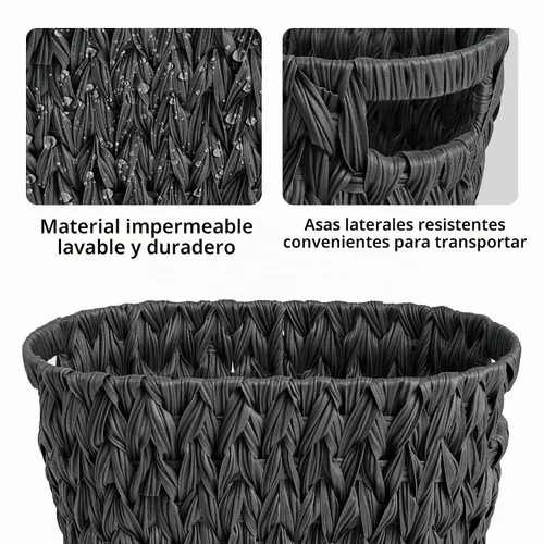 Vista 5 de GRANNY SAYS Cesta de basura de mimbre, papelera impermeable para baño, cestas de basura decorativas boho con asas, papelera para dormitorio Negro