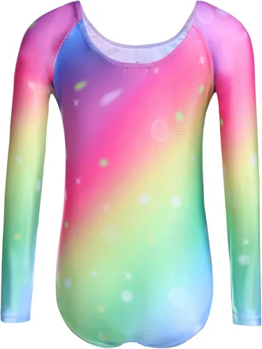 Vista 2 de Zaclotre Leotardo de gimnasia de manga larga para niñas con colores degradados brillantes para danza de ballet, traje de una pieza