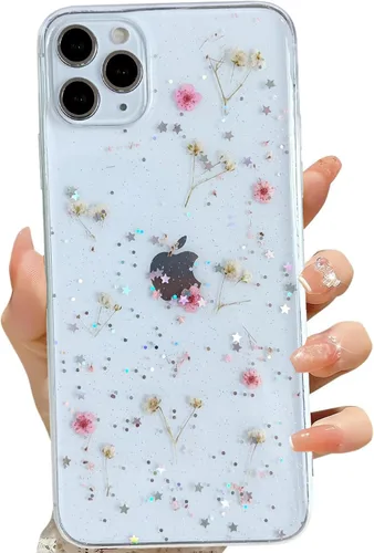 Vista 30 de LSEEKA Funda transparente para iPhone 11 con diseño de flores prensadas reales, linda y brillante, patrón floral rosa, funda protectora delgada
