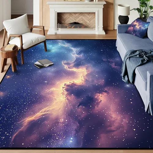 Vista 14 de Alfombra galaxia de 2 x 3 pies para habitación de niños, alfombra de cielo estrellado de pelo bajo, antideslizante, lavable, alfombra nebulosa