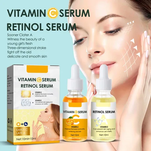 Vista 2 de Suero de vitamina C y suero de retinol, juego de suero antienvejecimiento con ácido hialurónico - Mañana C y noche Un suero para el cuidado facial