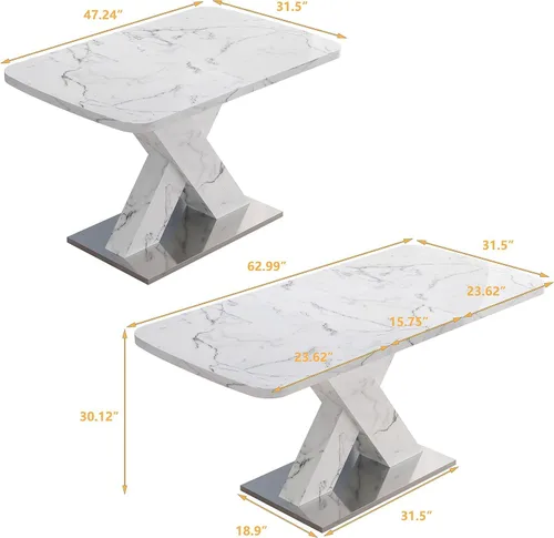 Vista 9 de Mesa de comedor de mármol blanco para 6, moderna mesa de comedor extensible con base en forma de X, mesa de comedor rectangular de mármol sintético