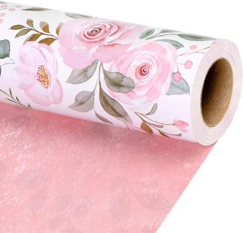 Vista 7 de BIOBROWN Rollo de papel de regalo reversible para baby shower, 17 pulgadas x 33 pies (47 pies cuadrados total) - Lazos rosas y diseño de diamante