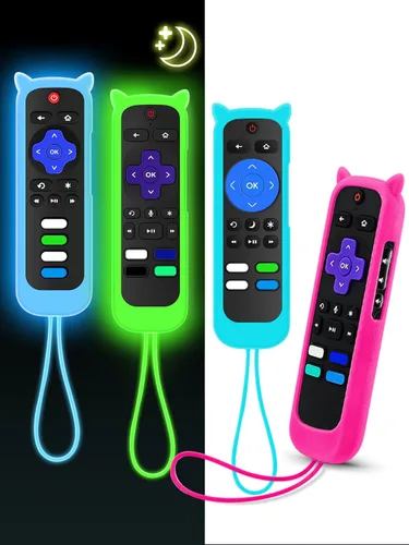 Vista 8 de ONEBOM - Juego de 2 fundas para control remoto Roku con diseño de orejas de Azul resplandor y rosa brillante