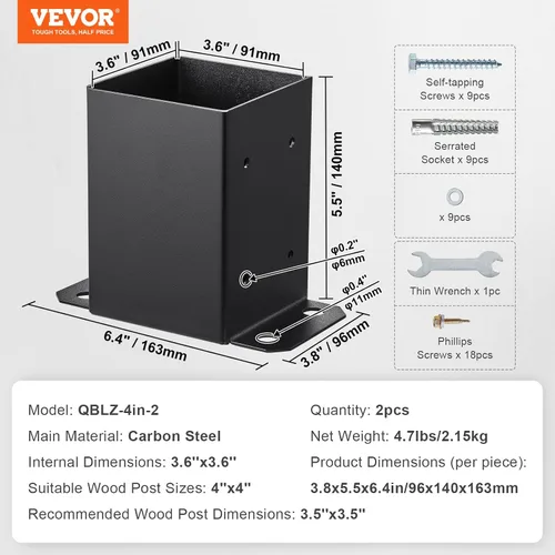 Vista 7 de VEVOR Base para Poste 4x4 2 Piezas, Tamaño Interior 3.6"x3.6" Soportes de Base para Poste, Anclaje de Poste de Servicio Pesado con Recubrimiento