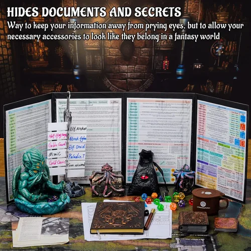 Vista 2 de CZYY DND Pantalla de Dungeon Master de Cuatro Paneles con Bolsillos, Cuero Sintético con Relieve 3D con Cthulhu - Incluye Insertos de Pantalla DM