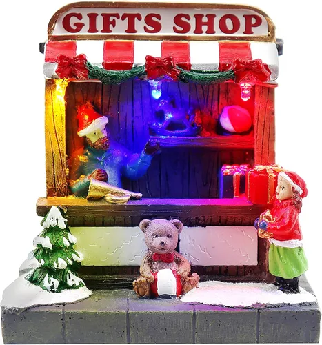 Vista 7 de Juego de 3 tiendas de pueblo navideño, incluye corona preiluminada, árbol y tienda de regalos, complemento perfecto para tus decoraciones navideñas